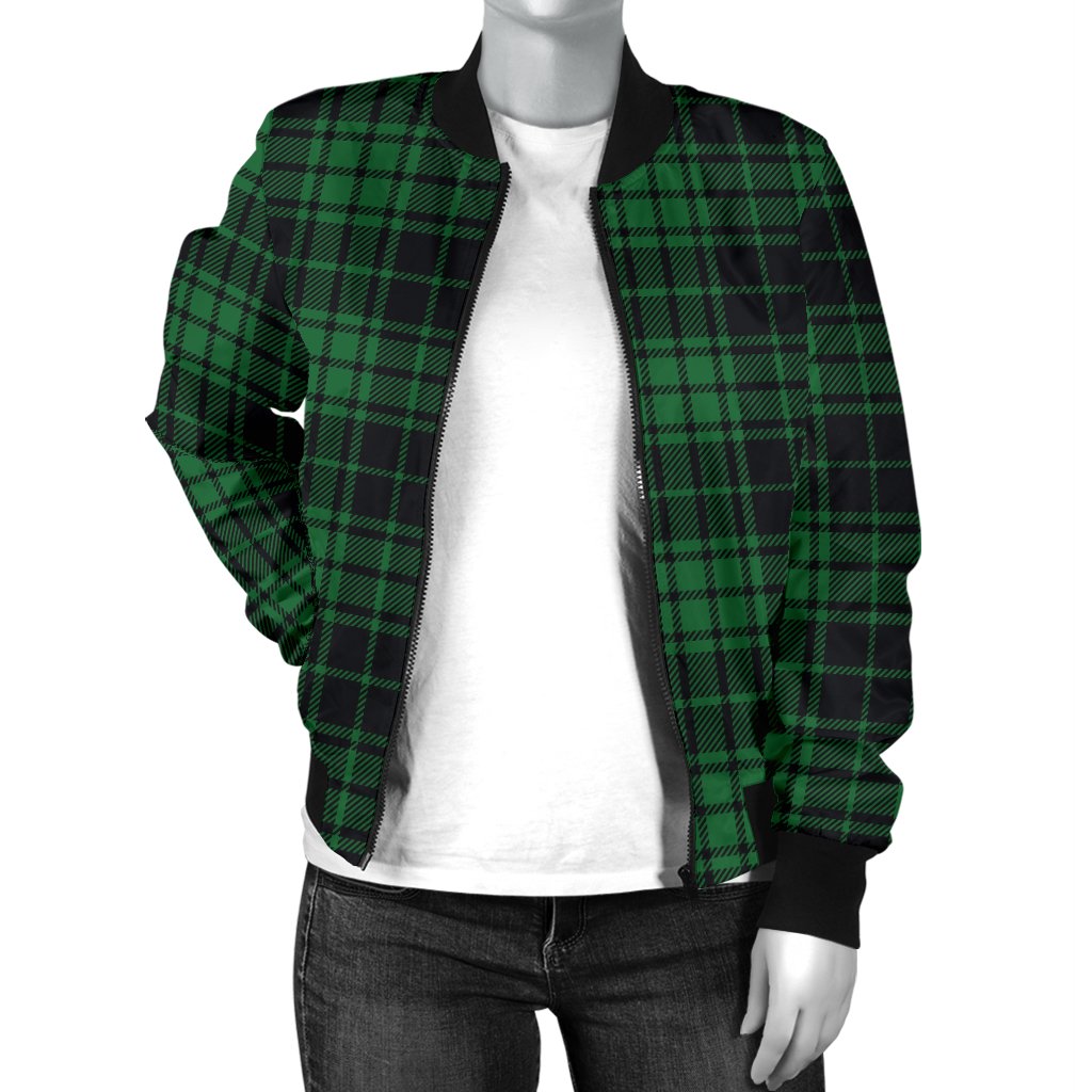 Green Tartan Plaid Pattern Women Casual Bomber Jacket