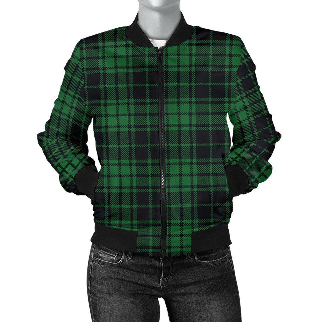Green Tartan Plaid Pattern Women Casual Bomber Jacket