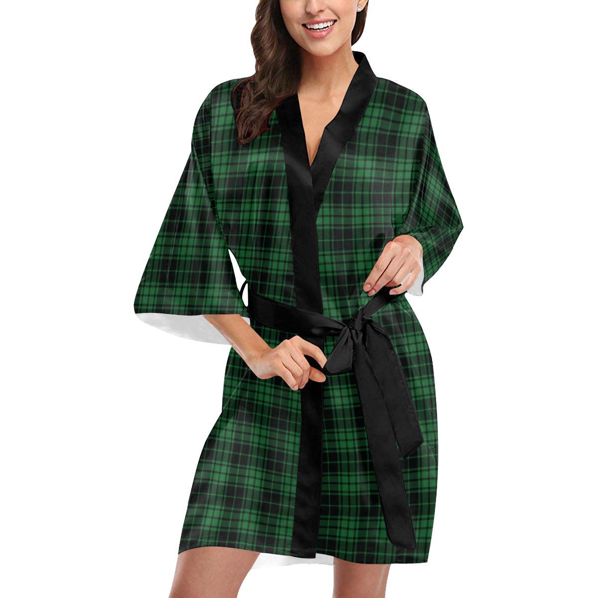 Green Tartan Plaid Pattern Women Short Kimono Robe