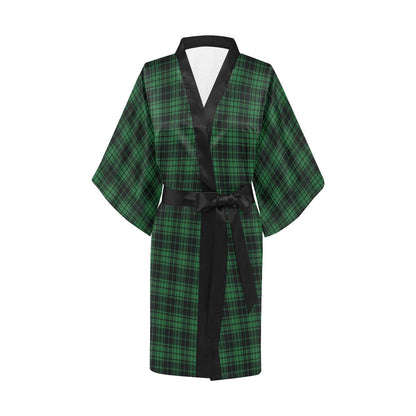 Green Tartan Plaid Pattern Women Short Kimono Robe