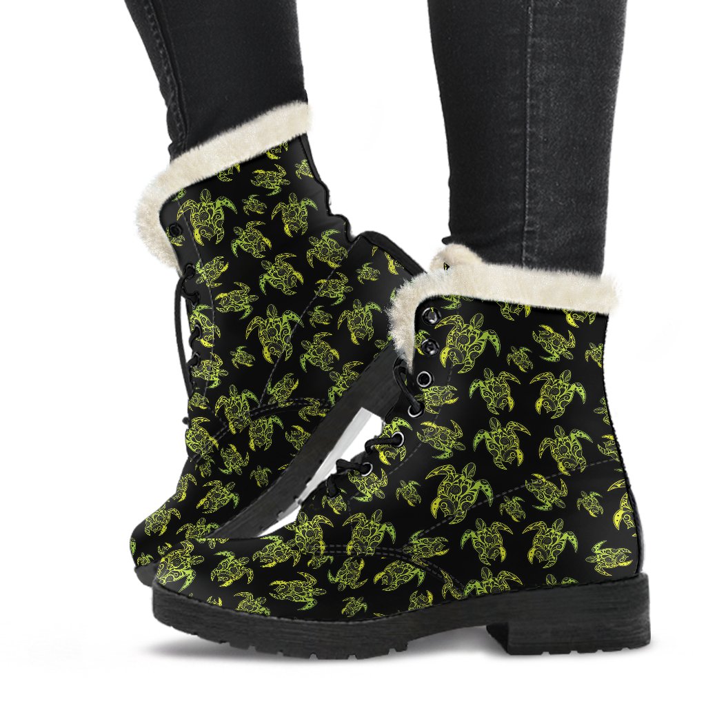 Green Tribal Turtle Polynesian Themed Faux Fur Leather Boots-JTAMIGO.COM