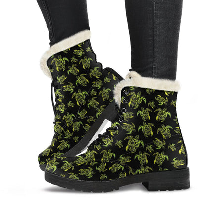 Green Tribal Turtle Polynesian Themed Faux Fur Leather Boots-JTAMIGO.COM