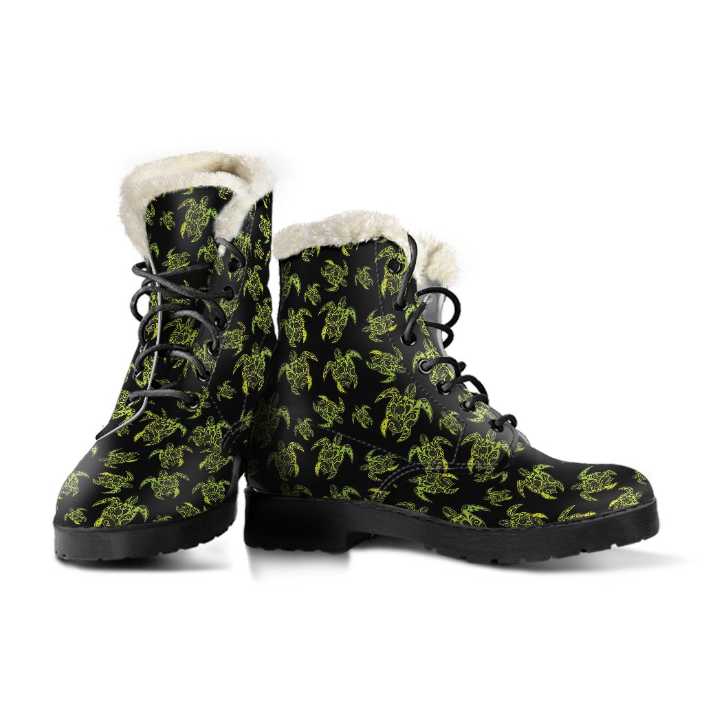 Green Tribal Turtle Polynesian Themed Faux Fur Leather Boots-JTAMIGO.COM