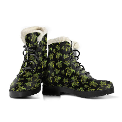 Green Tribal Turtle Polynesian Themed Faux Fur Leather Boots-JTAMIGO.COM