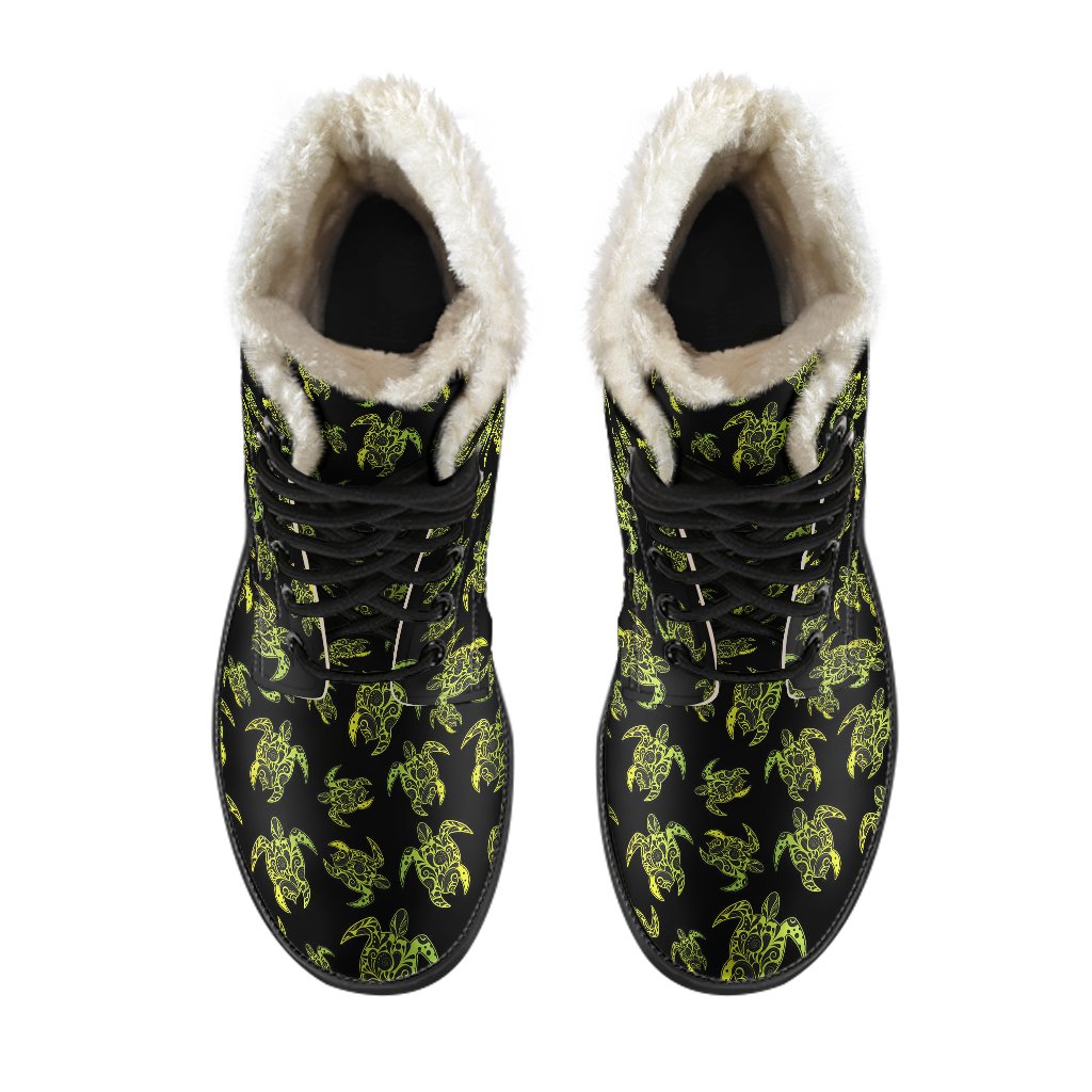 Green Tribal Turtle Polynesian Themed Faux Fur Leather Boots-JTAMIGO.COM