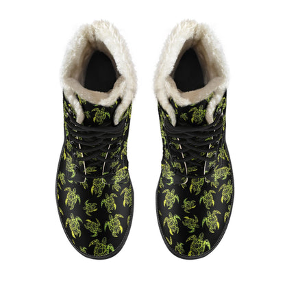 Green Tribal Turtle Polynesian Themed Faux Fur Leather Boots-JTAMIGO.COM