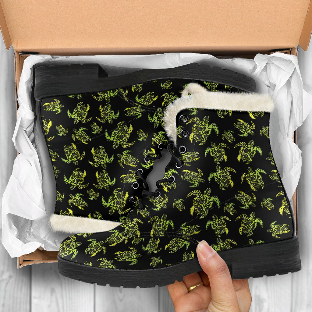 Green Tribal Turtle Polynesian Themed Faux Fur Leather Boots-JTAMIGO.COM