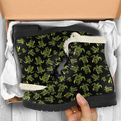 Green Tribal Turtle Polynesian Themed Faux Fur Leather Boots-JTAMIGO.COM