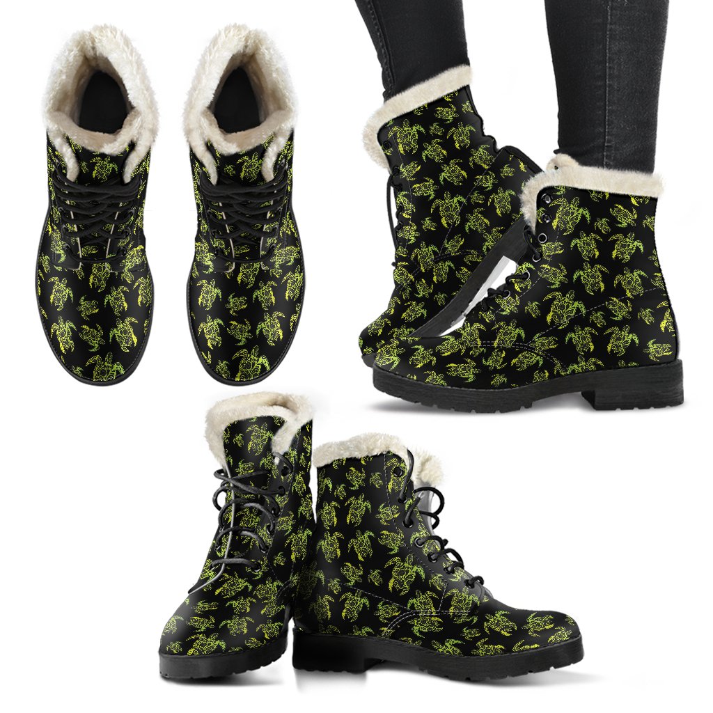 Green Tribal Turtle Polynesian Themed Faux Fur Leather Boots-JTAMIGO.COM