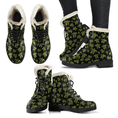 Green Tribal Turtle Polynesian Themed Faux Fur Leather Boots-JTAMIGO.COM