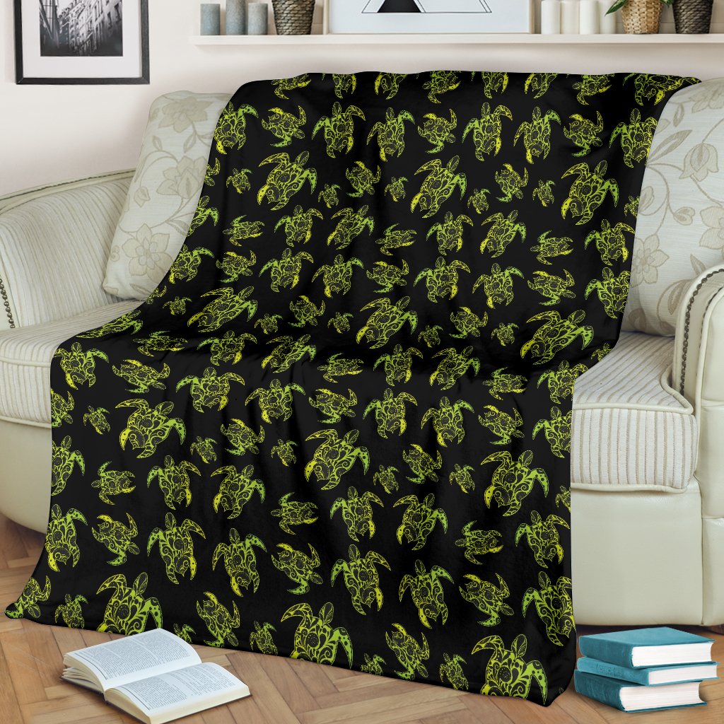 Green Tribal Turtle Polynesian Themed Fleece Blanket