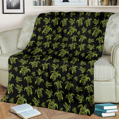 Green Tribal Turtle Polynesian Themed Fleece Blanket