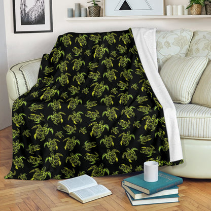 Green Tribal Turtle Polynesian Themed Fleece Blanket