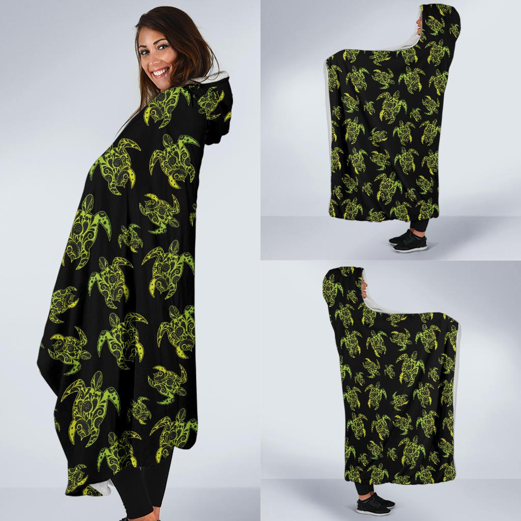 Green Tribal Turtle Polynesian Themed Hooded Blanket-JTAMIGO.COM