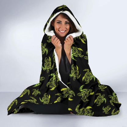 Green Tribal Turtle Polynesian Themed Hooded Blanket-JTAMIGO.COM