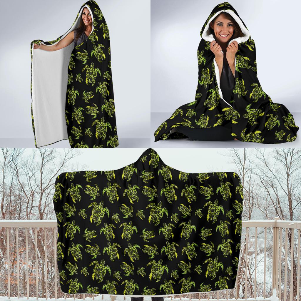 Green Tribal Turtle Polynesian Themed Hooded Blanket-JTAMIGO.COM