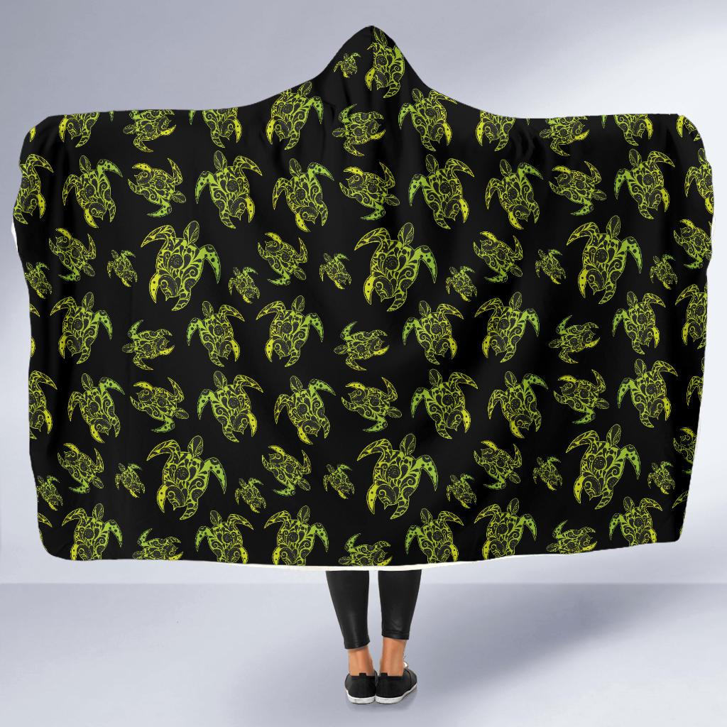 Green Tribal Turtle Polynesian Themed Hooded Blanket-JTAMIGO.COM