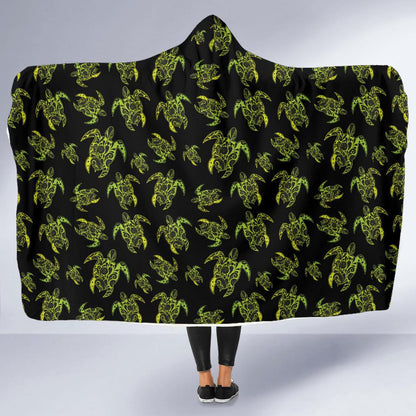 Green Tribal Turtle Polynesian Themed Hooded Blanket-JTAMIGO.COM