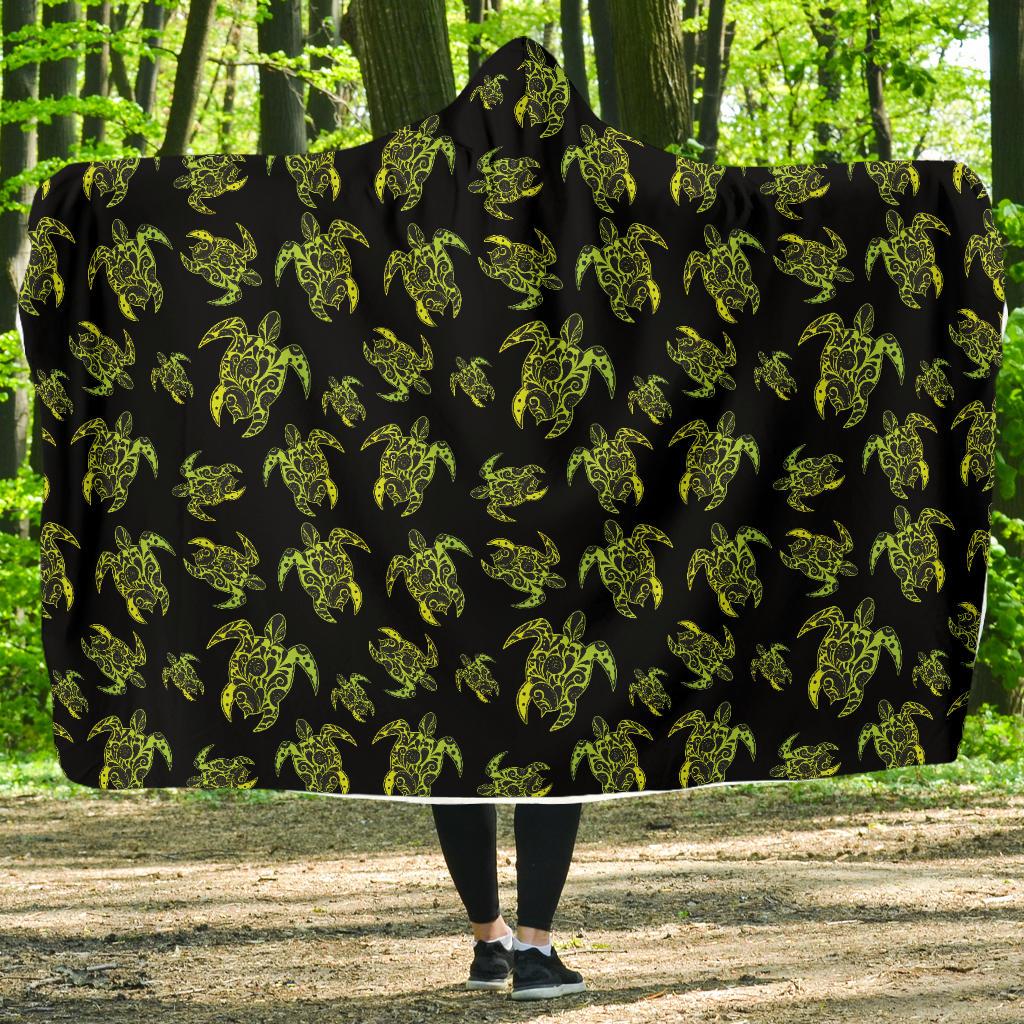 Green Tribal Turtle Polynesian Themed Hooded Blanket-JTAMIGO.COM