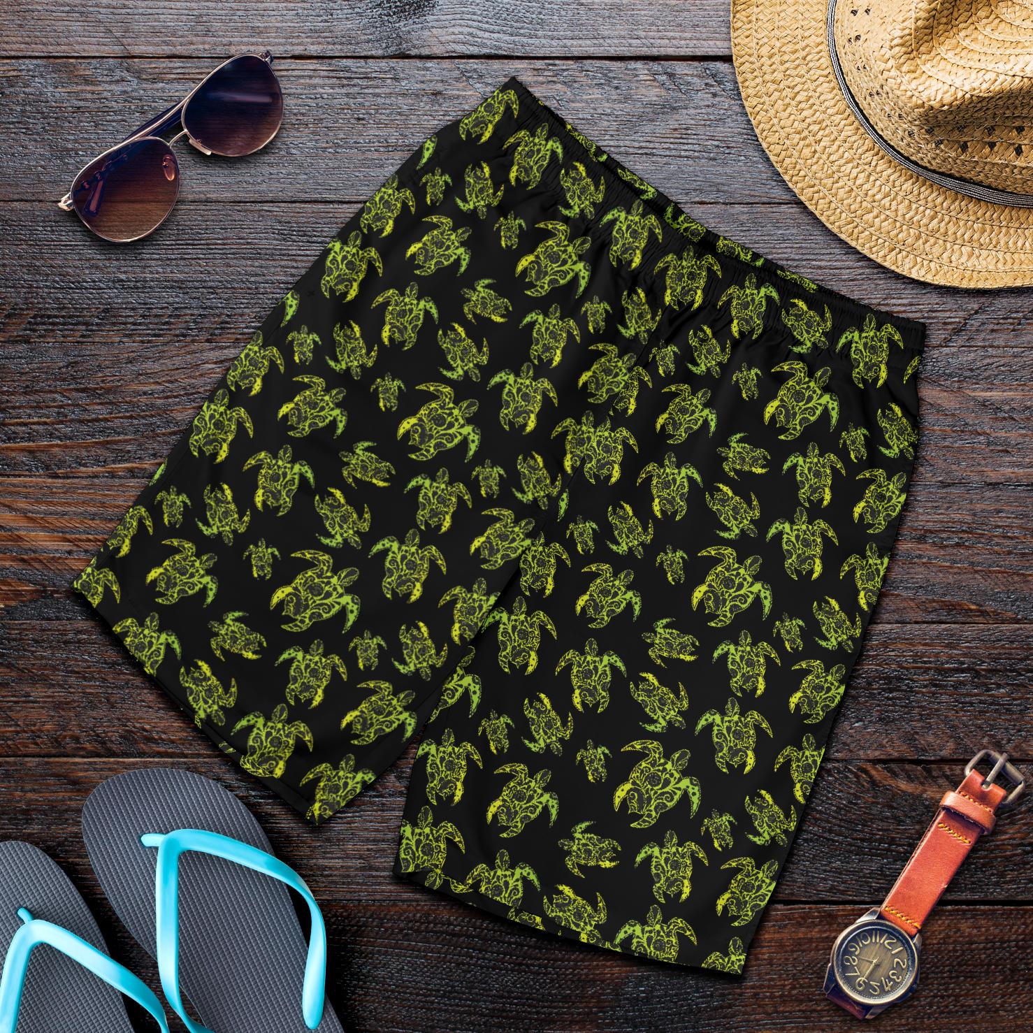 Green Tribal Turtle Polynesian Themed Mens Shorts-JTAMIGO.COM
