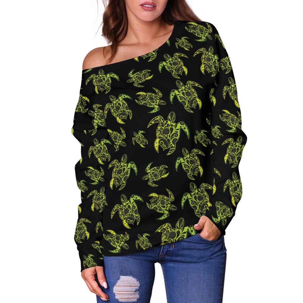 Green Tribal Turtle Polynesian Themed Off Shoulder Sweatshirt