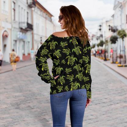 Green Tribal Turtle Polynesian Themed Off Shoulder Sweatshirt
