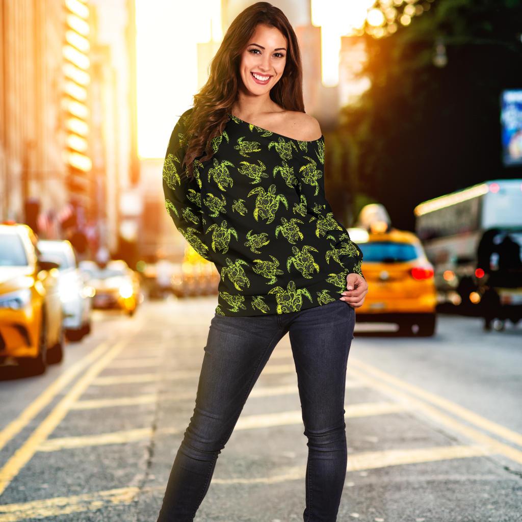 Green Tribal Turtle Polynesian Themed Off Shoulder Sweatshirt