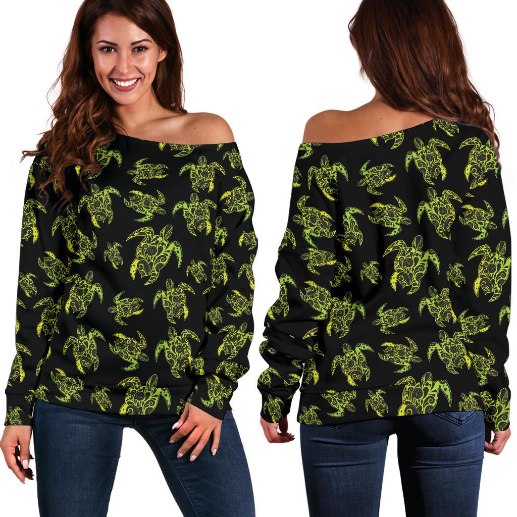 Green Tribal Turtle Polynesian Themed Off Shoulder Sweatshirt