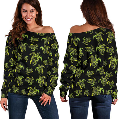Green Tribal Turtle Polynesian Themed Off Shoulder Sweatshirt