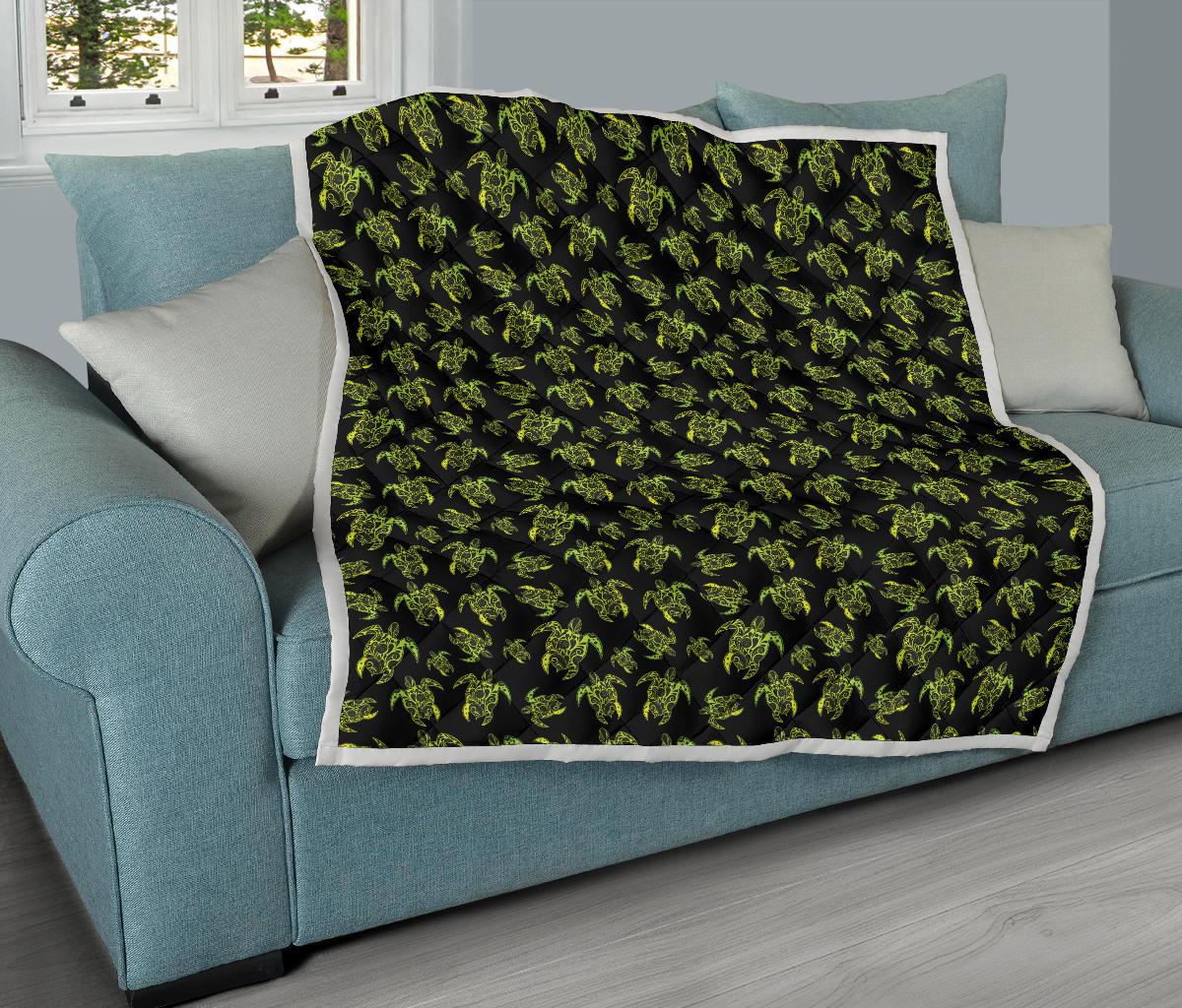 Green Tribal Turtle Polynesian Themed Premium Quilt-JTAMIGO.COM