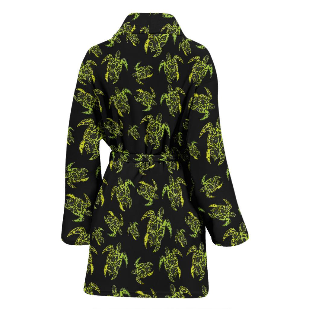 Green Tribal Turtle Polynesian Themed Women Bath Robe-JTAMIGO.COM