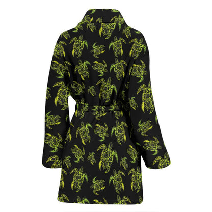 Green Tribal Turtle Polynesian Themed Women Bath Robe-JTAMIGO.COM