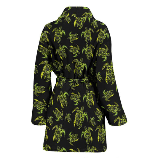 Green Tribal Turtle Polynesian Themed Women Bath Robe-JTAMIGO.COM