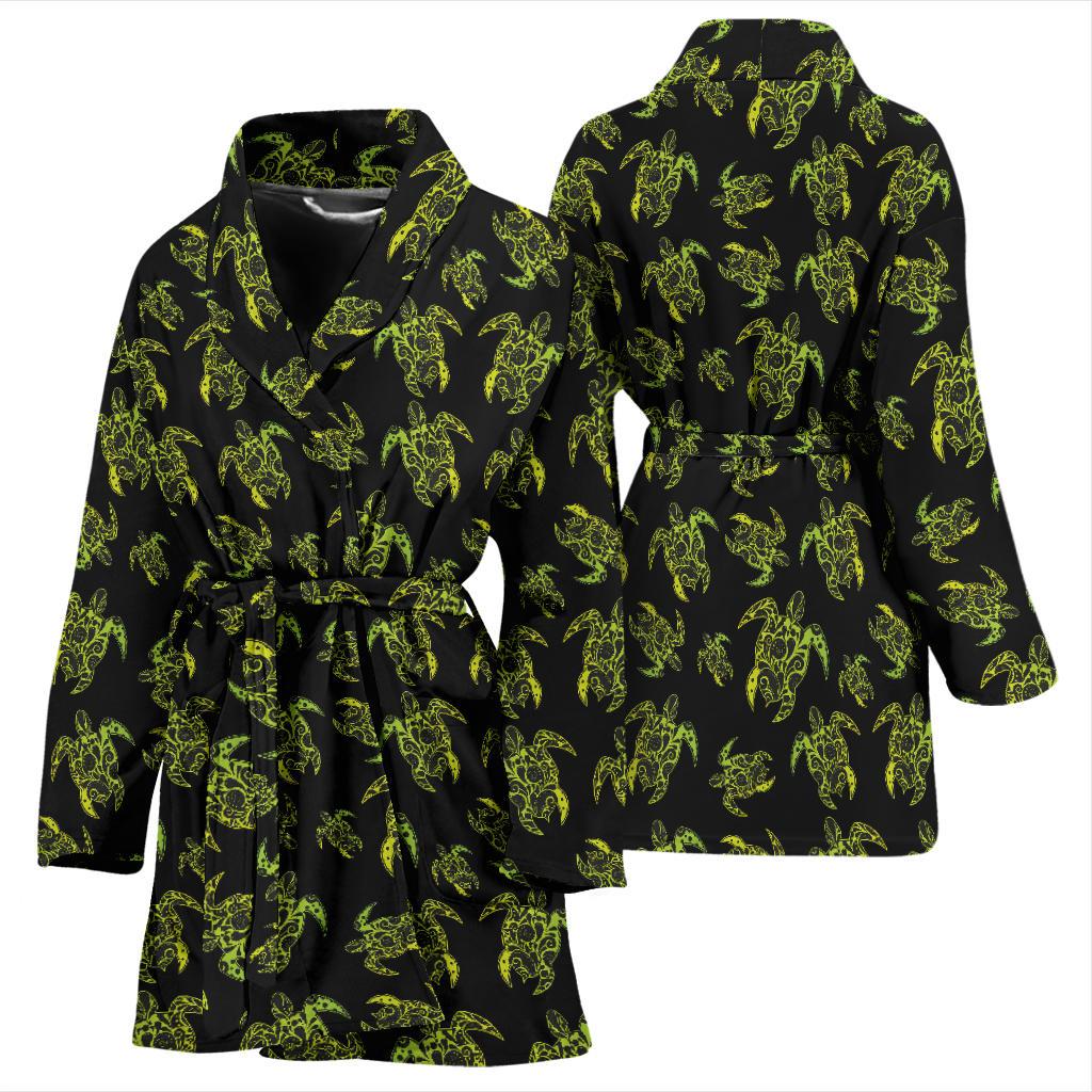 Green Tribal Turtle Polynesian Themed Women Bath Robe-JTAMIGO.COM