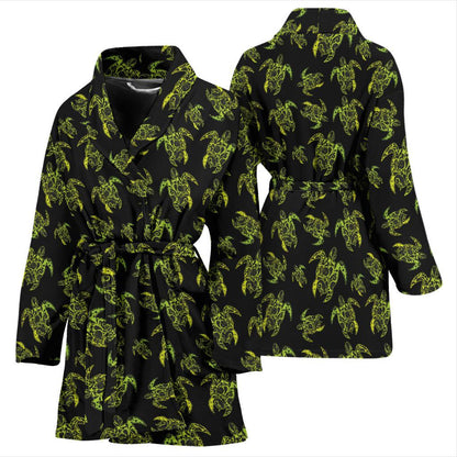 Green Tribal Turtle Polynesian Themed Women Bath Robe-JTAMIGO.COM