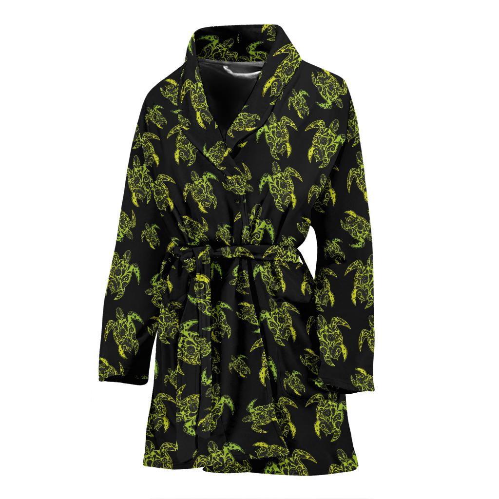 Green Tribal Turtle Polynesian Themed Women Bath Robe-JTAMIGO.COM