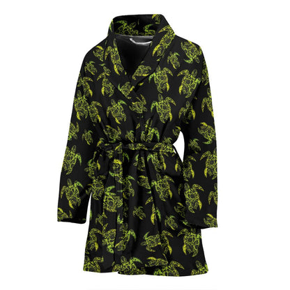 Green Tribal Turtle Polynesian Themed Women Bath Robe-JTAMIGO.COM