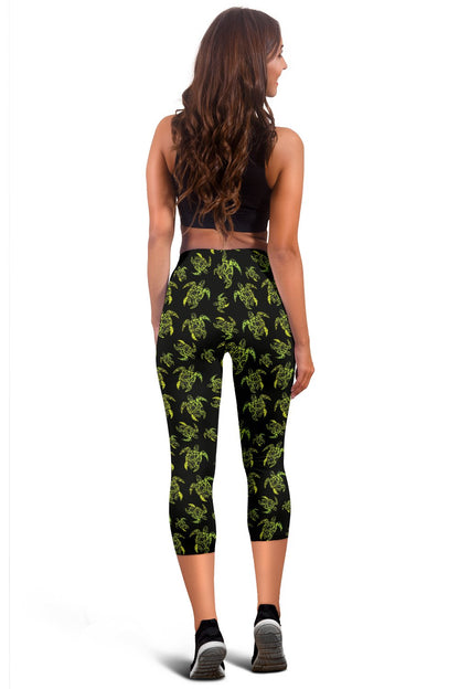 Green Tribal Turtle Polynesian Themed Women Capris