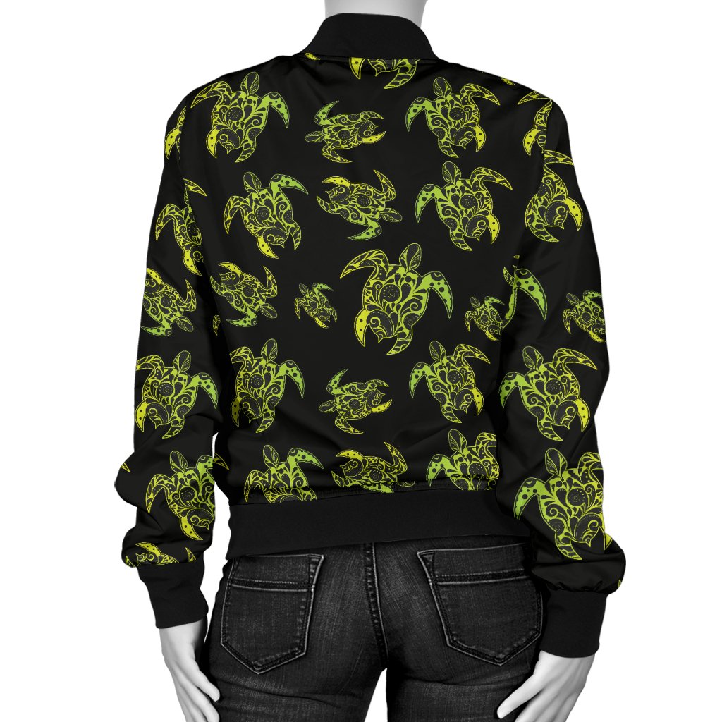 Green Tribal Turtle Polynesian Themed Women Casual Bomber Jacket