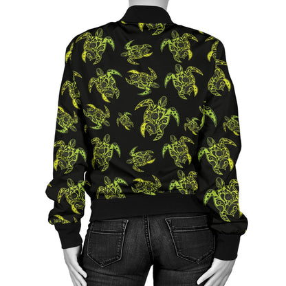 Green Tribal Turtle Polynesian Themed Women Casual Bomber Jacket