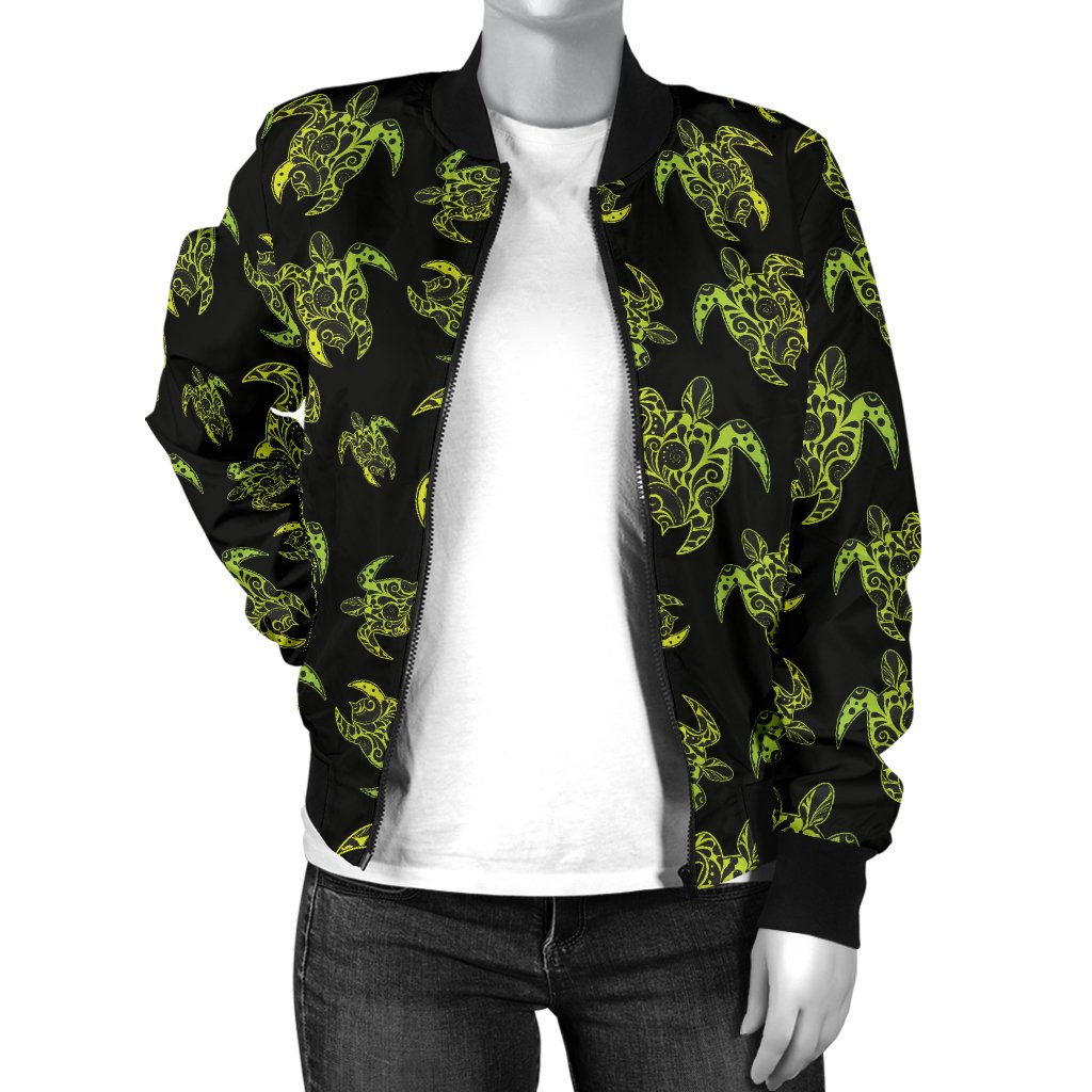 Green Tribal Turtle Polynesian Themed Women Casual Bomber Jacket