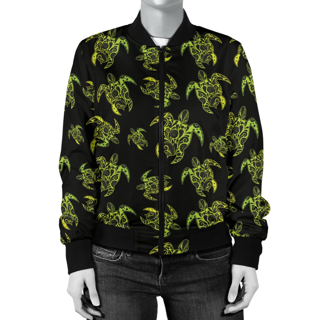 Green Tribal Turtle Polynesian Themed Women Casual Bomber Jacket
