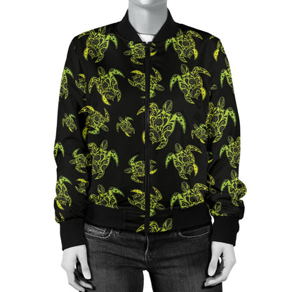 Green Tribal Turtle Polynesian Themed Women Casual Bomber Jacket