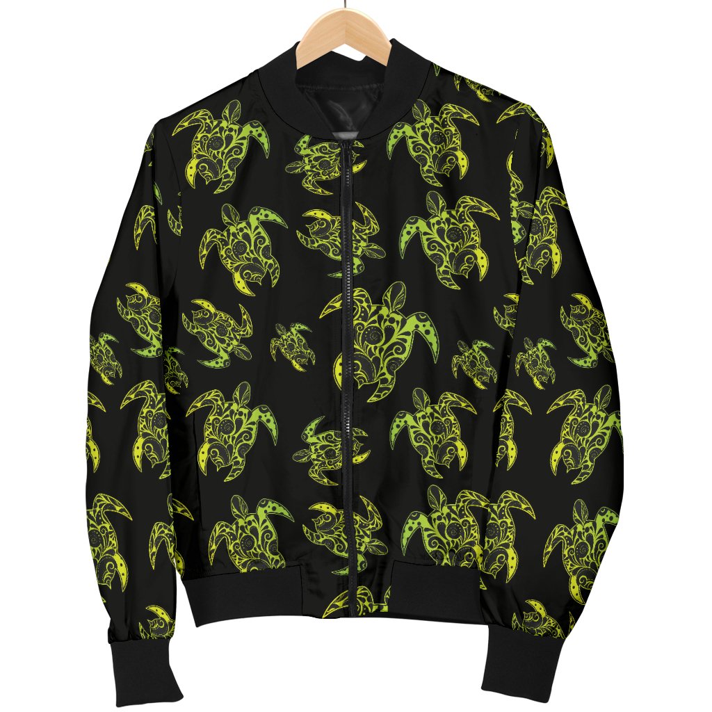 Green Tribal Turtle Polynesian Themed Women Casual Bomber Jacket