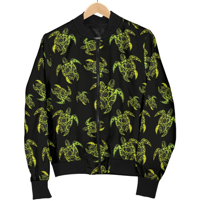Green Tribal Turtle Polynesian Themed Women Casual Bomber Jacket