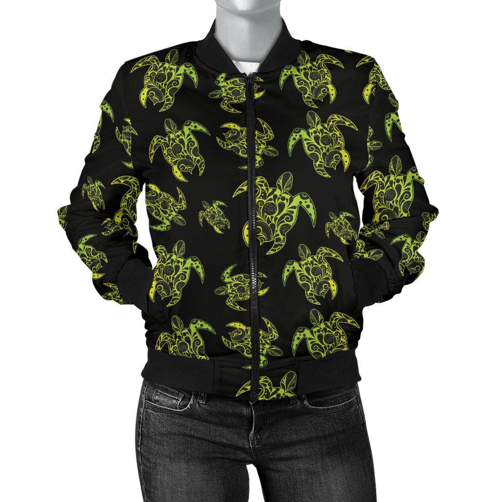 Green Tribal Turtle Polynesian Themed Women Casual Bomber Jacket