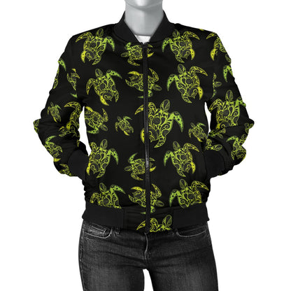 Green Tribal Turtle Polynesian Themed Women Casual Bomber Jacket