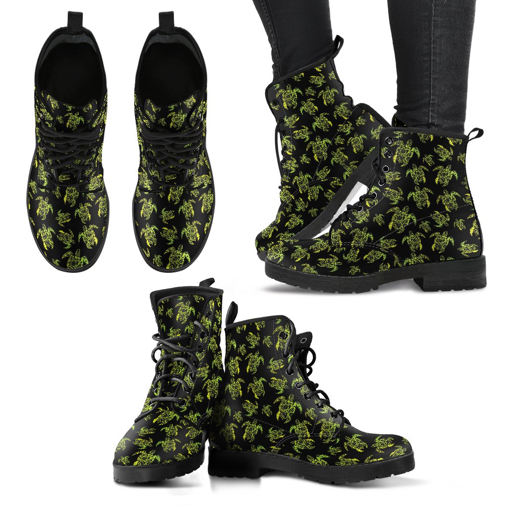 Green Tribal Turtle Polynesian Themed Women Leather Boots-JTAMIGO.COM