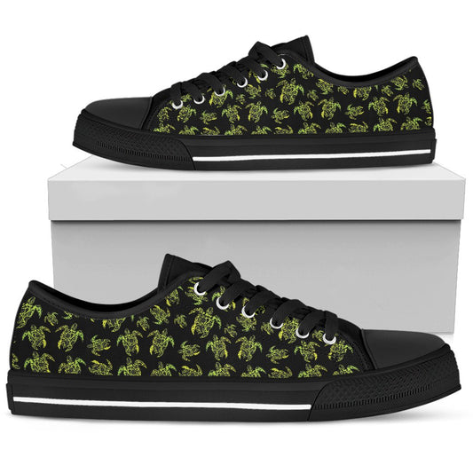 Green Tribal Turtle Polynesian Themed Women Low Top Shoes