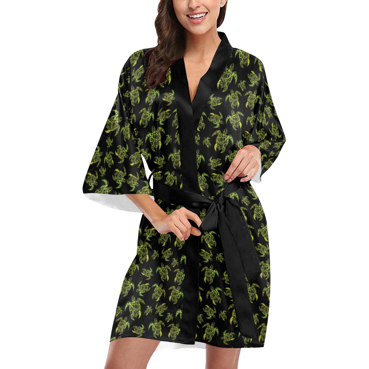 Green Tribal Turtle Polynesian Themed Women Short Kimono Robe